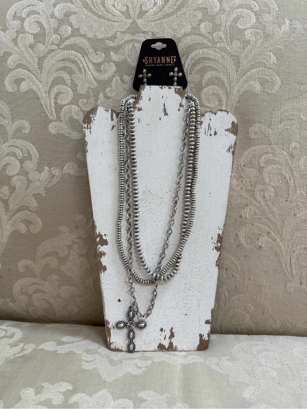 Boot Barn Shyanne Silver-Tone Beaded Cross Necklace and Earrings